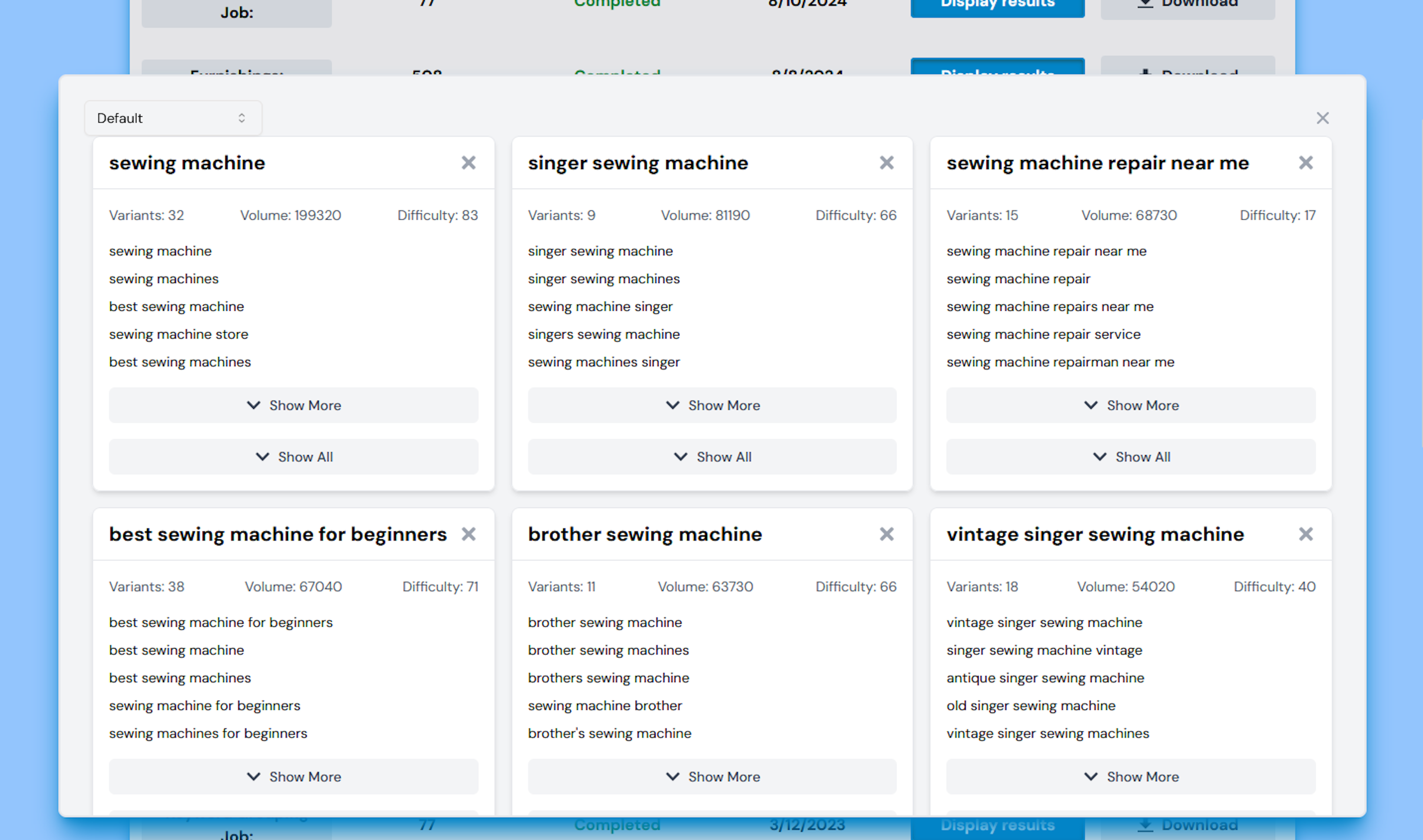 Optiwing Keyword Grouping Example