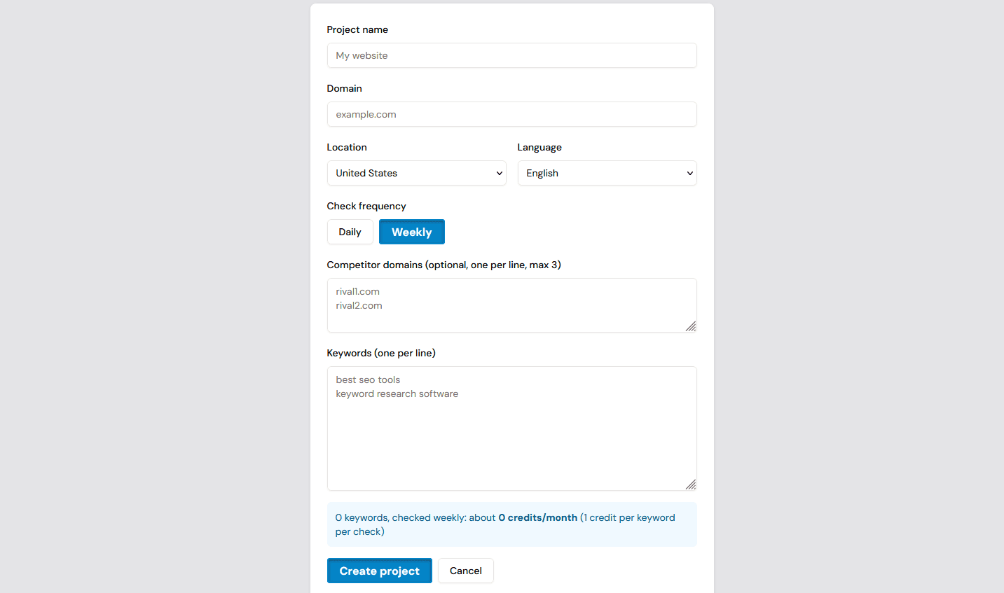 Rank Tracker Project Setup Interface