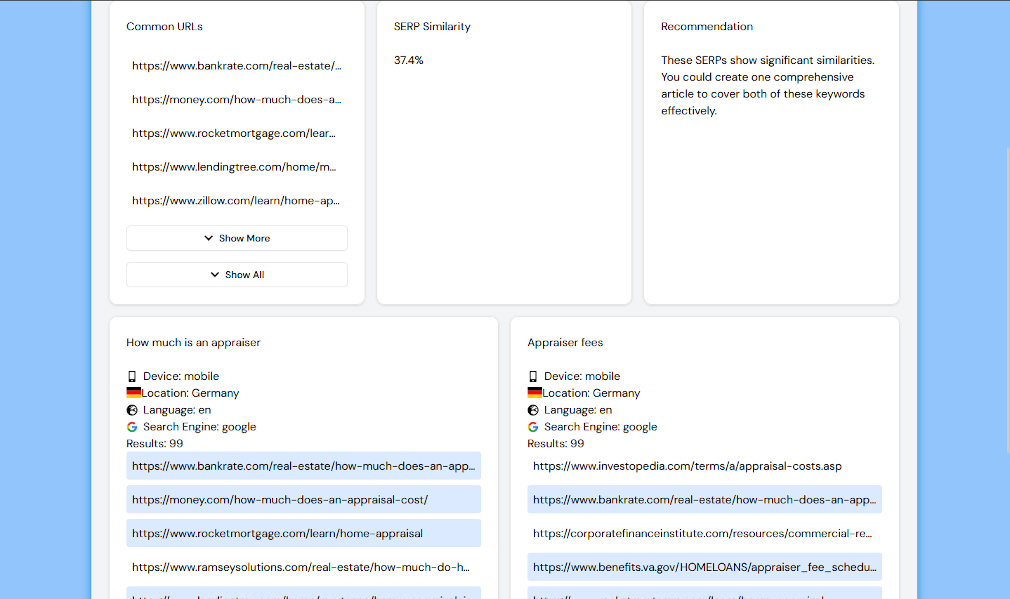 Free SERP Similarity Tool Example