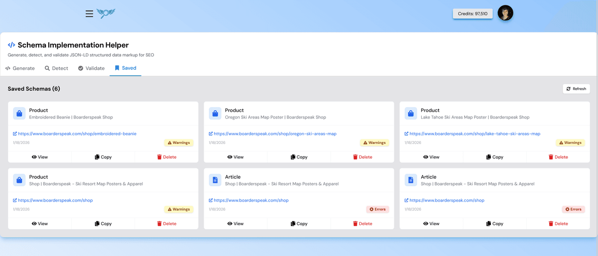Saved Schemas dashboard showing list of saved schema cards with action buttons