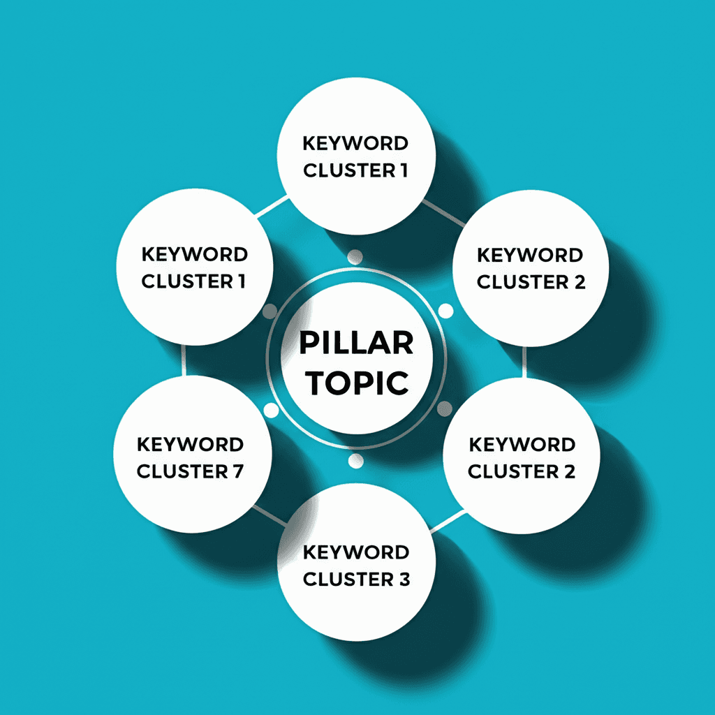 Content Creation For Similar Keywords - A diagram illustrating keyword clusters with a central pillar topic and several related subtopic a