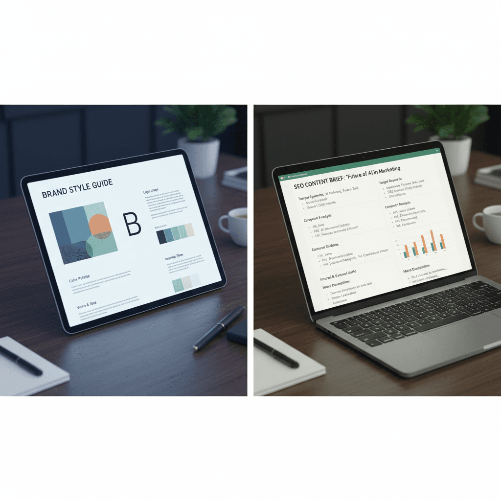 Editorial Guidelines - A splitscreen comparison showing a highlevel Brand Style Guide on the left and a detailed SEO Cont