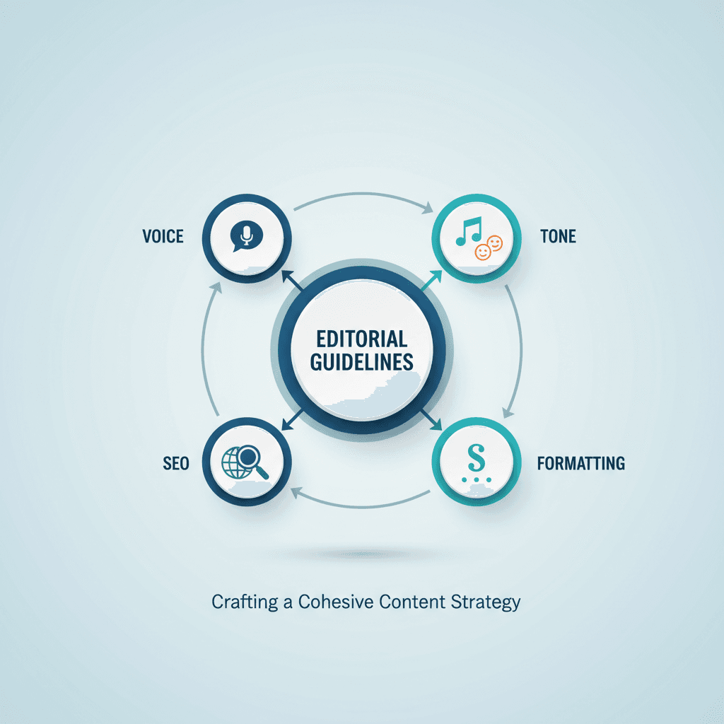 Editorial Guidelines - An infographic illustrating the components of a content strategy Voice Tone SEO and Formatting