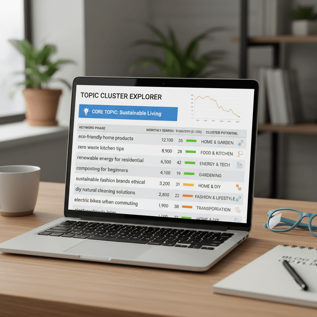 Topic Cluster Content Strategy - A screenshot of a keyword discovery tool showing a list of related longtail keywords with search v