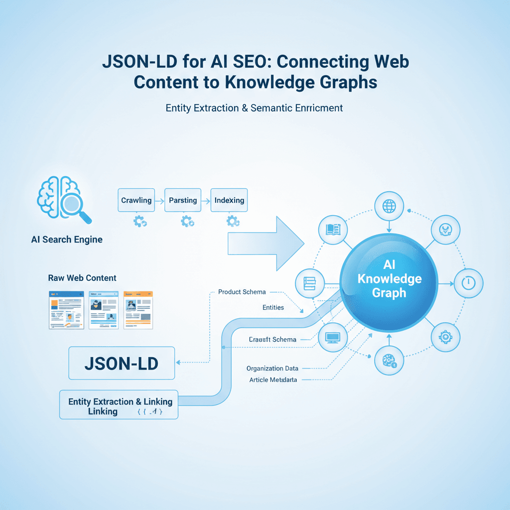 Implementing JSON-LD for AI SEO - A conceptual diagram showing how JSONLD connects raw web content to an AIs knowledge graph through