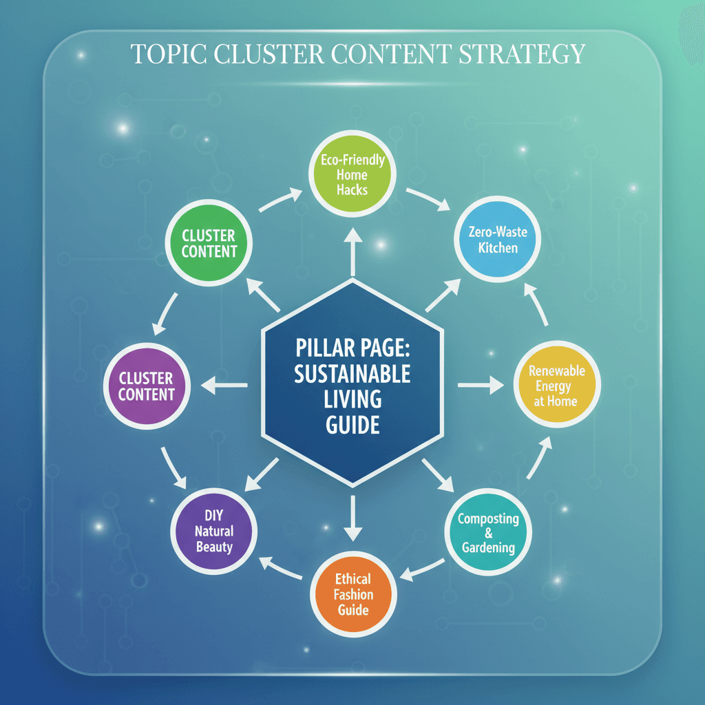 Topic Cluster Content Strategy - A visual diagram showing a central Pillar Page surrounded by related Cluster Content pages all con