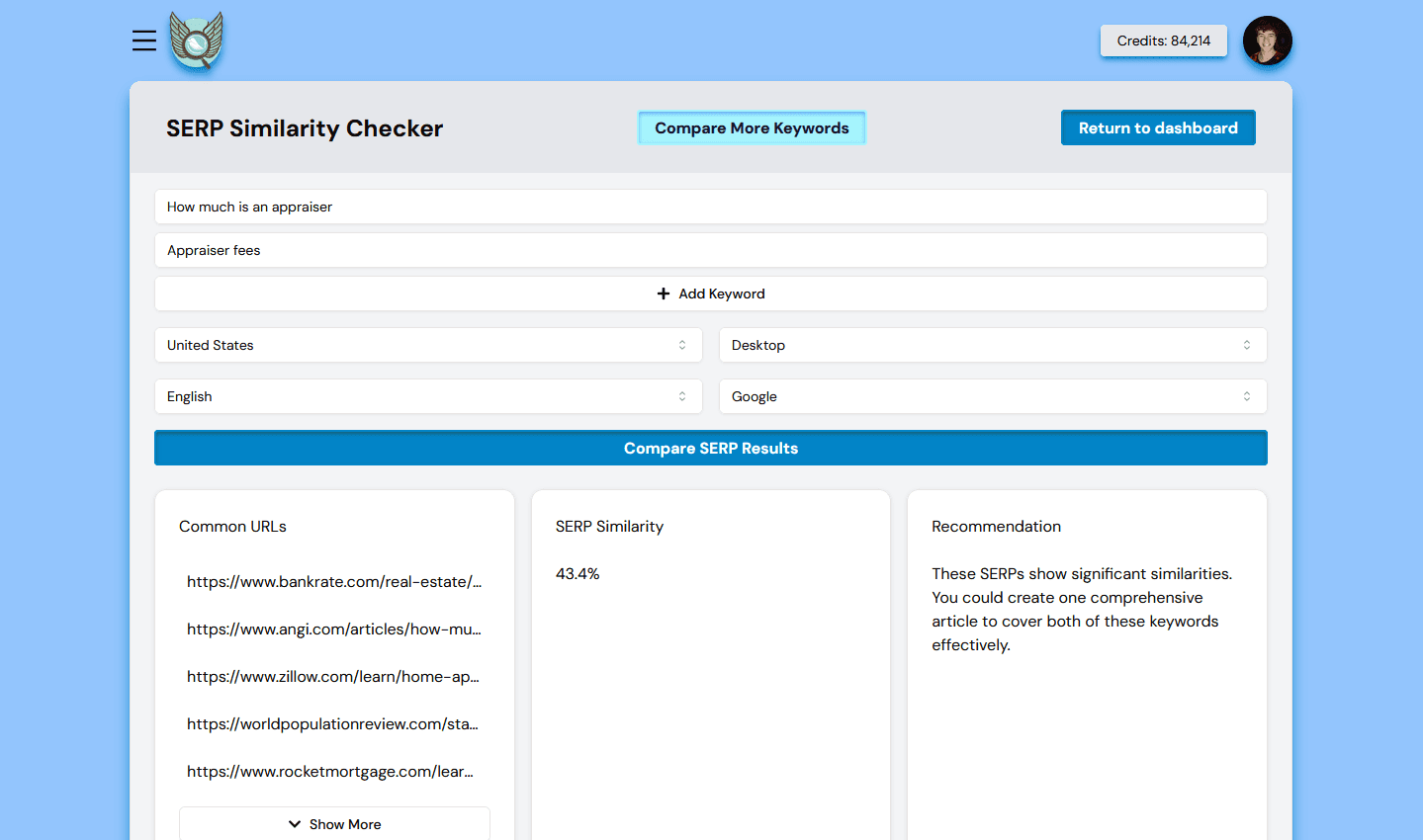Optiwing SERP Similarity Tool Interface