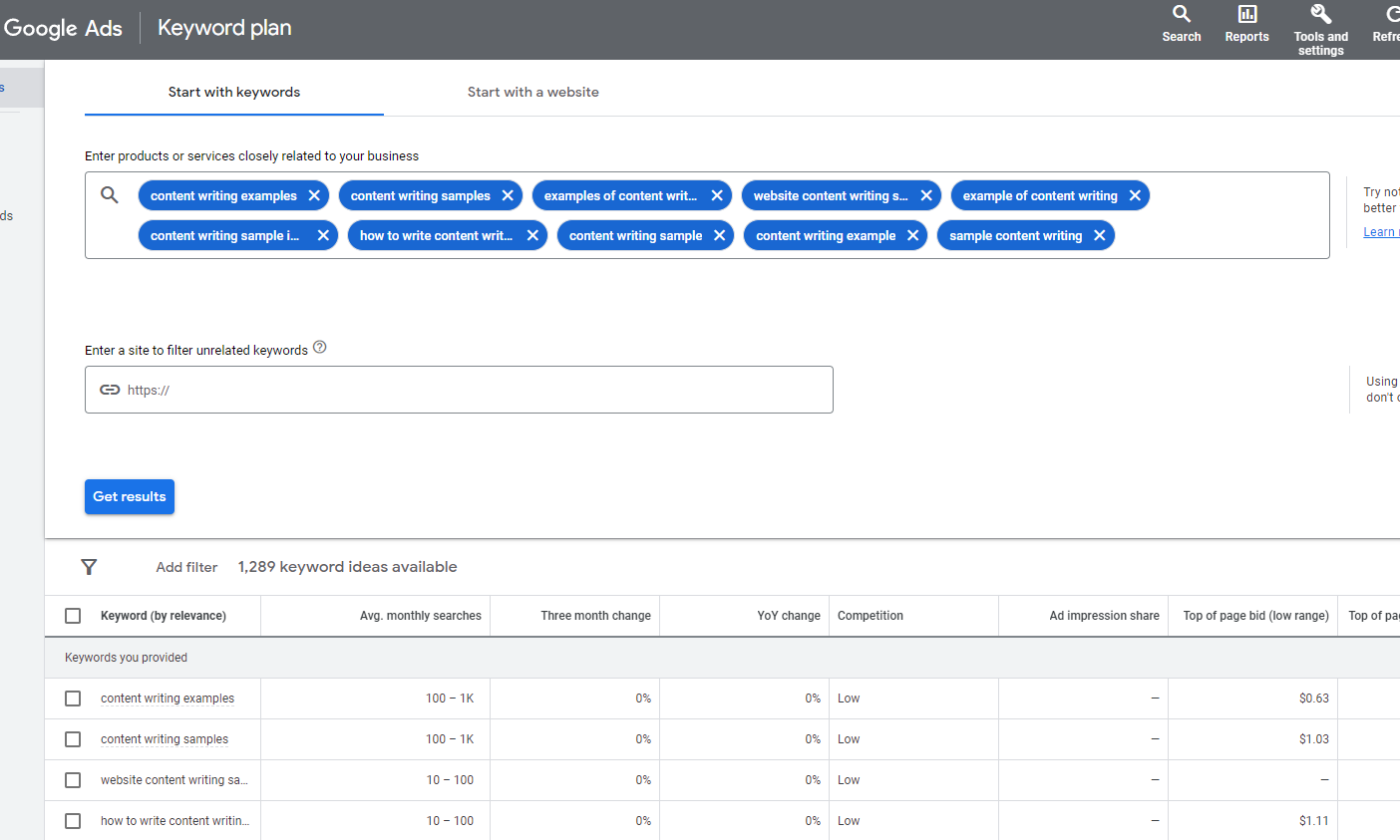 Google Keyword Planner Example