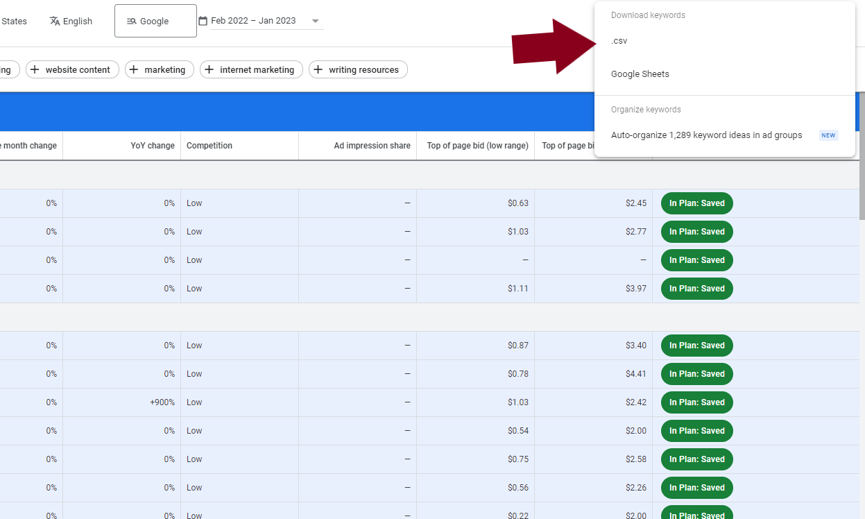 Google Ads Keyword Planner How to Download Keywords as CSV