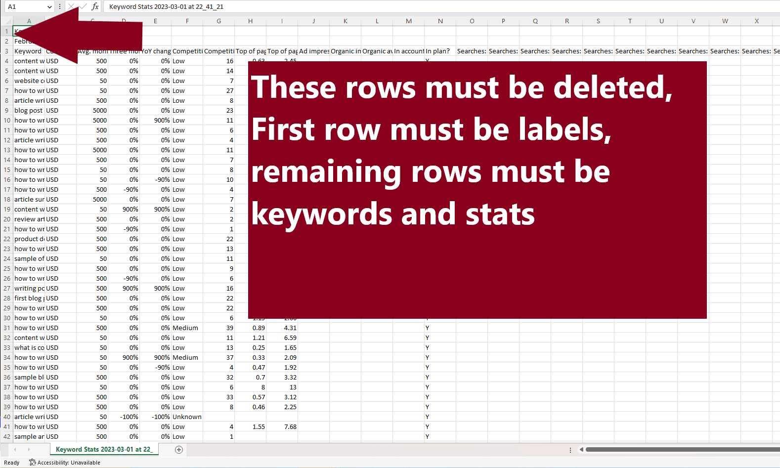 Google Ads Keyword Planner CSV File, Remove First Two Rows