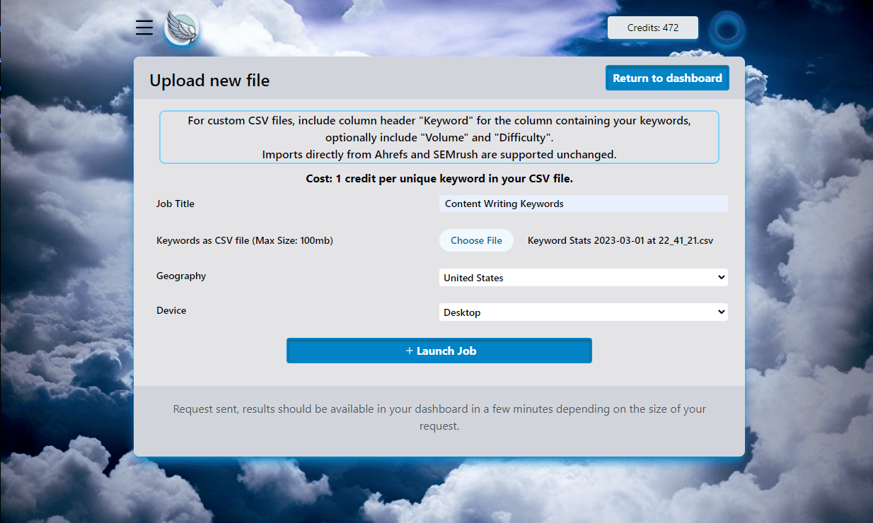 Optiwing New Keyword Grouping Job