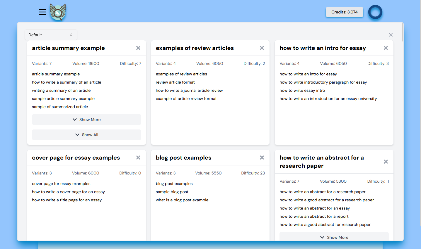 Optiwing Keyword Grouping Results