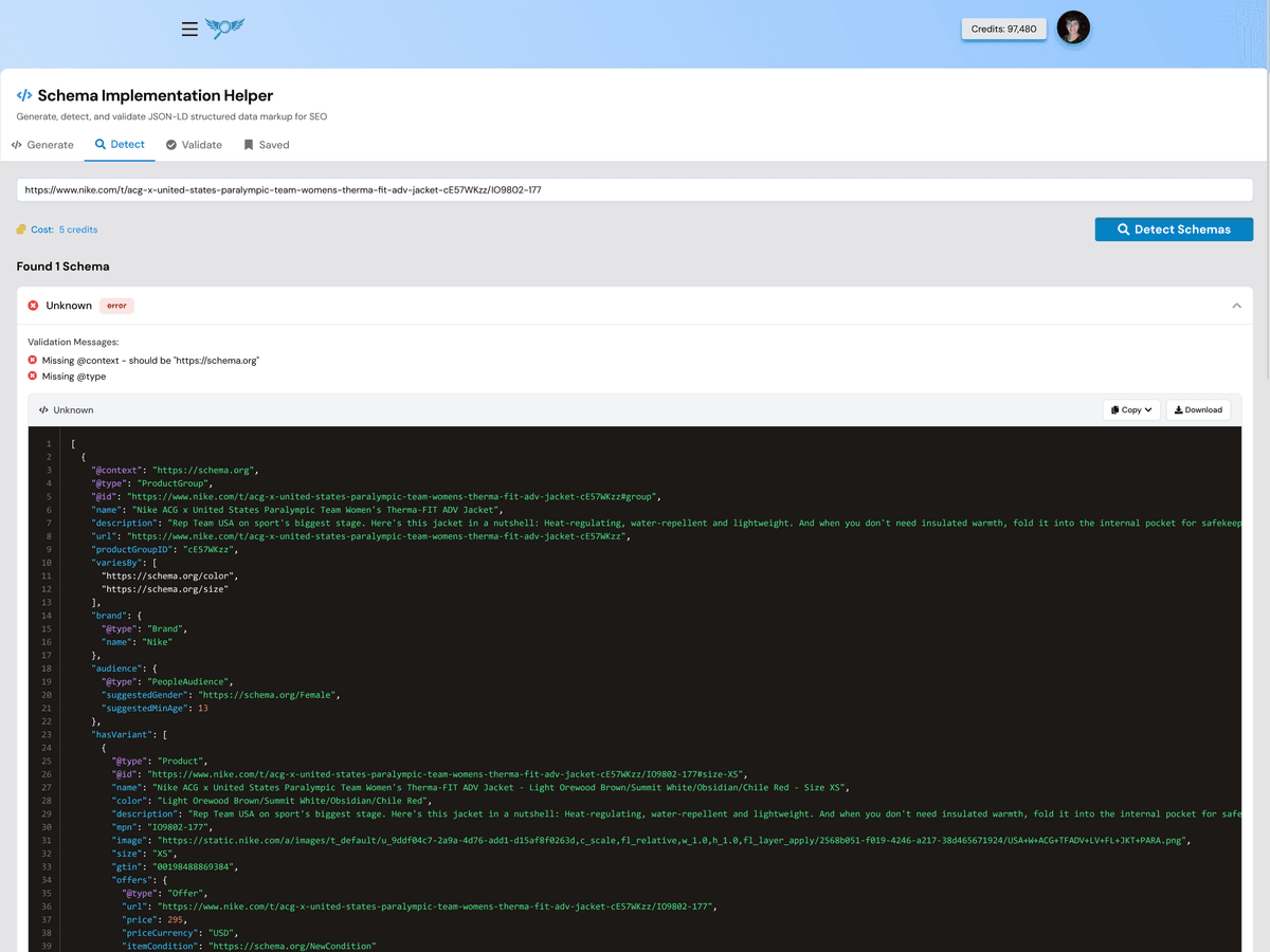 Schema Detector interface showing URL input and detected schemas from a webpage