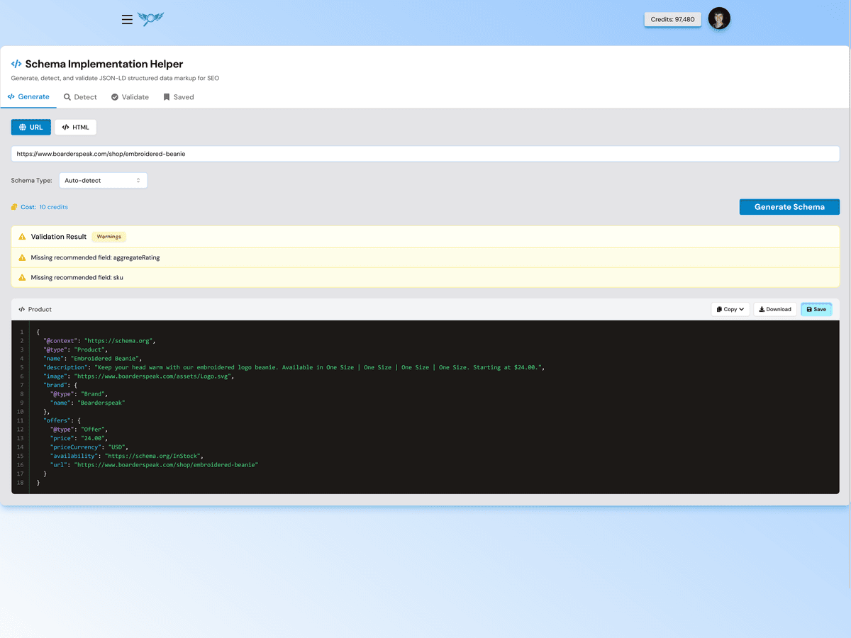 Schema Generator interface showing form fields for creating schema markup with live JSON-LD preview