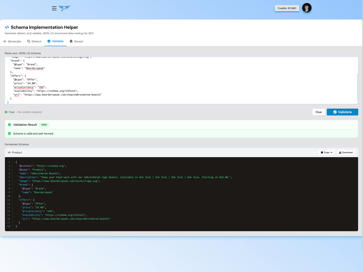 Schema Validator interface showing validation results with checkmarks and warnings