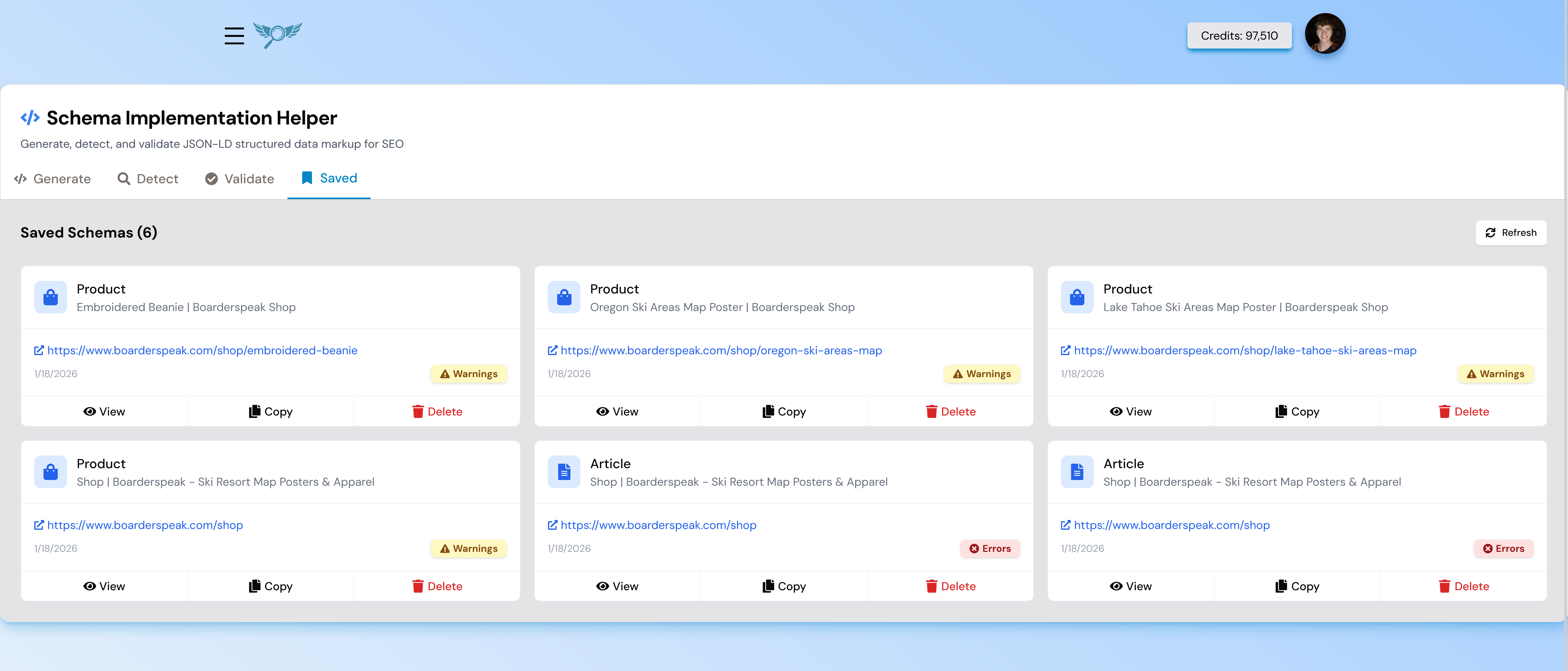 Saved Schemas dashboard showing list of saved schema cards with action buttons